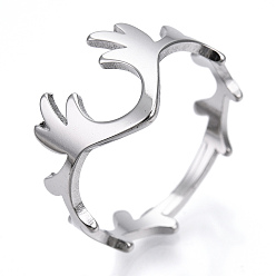 Stainless Steel Color 304 Stainless Steel Deer Antler Adjustable Ring for Women, Stainless Steel Color, US Size 6 1/2(16.9mm)