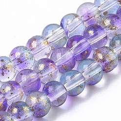 Medium Purple Transparent Spray Painted Glass Bead Strands, with Golden Foil, Round, Medium Purple, 4~5mm, Hole: 0.9~1.2mm, about 95~103pcs/Strand, 13.78 inch~14.88 inch(35~37.8cm)