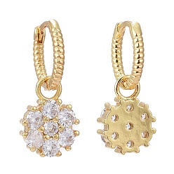 Real 18K Gold Plated Brass Micro Pave Cubic Zirconia Huggie Hoop Earrings, Long-Lasting Plated, Flower, Clear, Real 18K Gold Plated, 24mm, Pin: 0.8mm