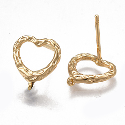 Real 18K Gold Plated Brass Stud Earring Findings, with Loop, Nickel Free, Real 18K Gold Plated, Heart, 11.5x10.5mm, Hole: 0.8mm, Pin: 0.8mm