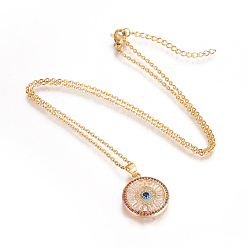Golden 304 Stainless Steel Pendant Necklaces, with Brass Cubic Zirconia Pendants, Flat Round with Eye, Golden, 17 inch(43.2cm), Pendant: 21x18x2.8mm