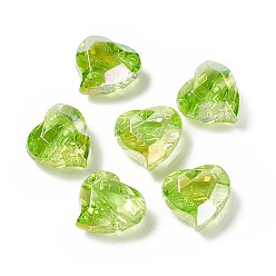 Vert Jaune Perles européennes acryliques transparentes, perle avec trou grande, coeur à facettes, vert jaune, 22x23x12.5mm, Trou: 4.5mm