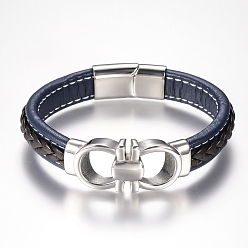 Prussian Blue Men's Braided Leather Cord Bracelets, with 304 Stainless Steel Findings and Magnetic Clasps, Prussian Blue, 8-5/8 inch(220mm)
