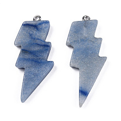 Blue Aventurine Natural Blue Aventurine Pendants, Lightning Bolt Charm, with Stainless Steel Color Tone 304 Stainless Steel Loops, 40~44.5x17~20x4.5~6mm, Hole: 2mm