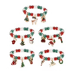 Mixed Patterns Acrylic Pearl Beaded Stretch Bracelet with Alloy Enamel Charms, Christmas Theme Jewelry for Women, Mixed Patterns, Inner Diameter: 2-1/8 inch(5.5cm)