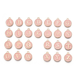 Pink Буквица a ~ z алфавит эмалевые брелоки, плоские круглые диски двусторонние брелоки, позолоченные эмалированные подвески из сплава с пайетками, розовые, 14x12x2 мм, отверстие : 1.5 мм, 26 шт / комплект