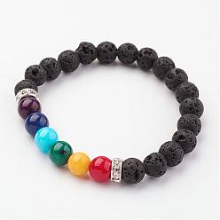 Lava Rock Natural Mixed Stone Stretch Bracelets, with Brass Bead Spacers, 2-1/4 inch(57mm)
