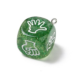 Vert Doigt en résine transparente jeu de devinettes dés pendentifs rock, avec de la poudre scintillante et des boucles en fer platine, breloque dé avec motif geste blanc, verte, 31x27x27mm, Trou: 2mm