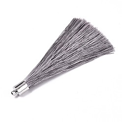 Gray Fiber Tassel Big Pendant Decorations, with Platinum Plated Brass Finding, Gray, 70~73x7~25mm, Hole: 1.8mm