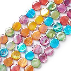 Colorful Natural Freshwater Shell Beads Strands, Dyed, AB Color Plated, Flat Round, Colorful, 10~10.5x2.5~3mm, Hole: 0.8mm, about 35pcs/strand, 13.78~13.98''(35~35.5cm)