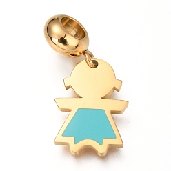 Cyan Ion Plating(IP) 304 Stainless Steel European Dangle Charms, Large Hole Pendants, with Enamel, Girl, Cyan, 26mm, Hole: 4mm, Pendant: 16x11x1mm