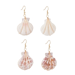 Goldenrod Copper Wire Wrapped Natural Scallop Shell Dangle Earring for Women, with Brass Earring Hook, Goldenrod, 63mm, Pin: 0.8mm