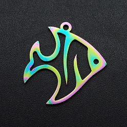 Rainbow Color Ion Plating(IP) 201 Stainless Steel Pendants, Laser Cut, Tropical Fish, Rainbow Color, 23x22.5x1mm, Hole: 1.4mm