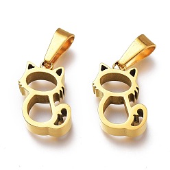 Golden Ion Plating(IP) 304 Stainless Steel Pendants, Manual Polishing, Hollow, Cat, Golden, 16.5x13x4mm, Hole: 7x3.5mm