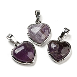 Amethyst Natural Amethyst Pendants, Heart Charms with Platinum Plated Brass Snap on Bails, 20.5x17.5x7mm, Hole: 4x8mm