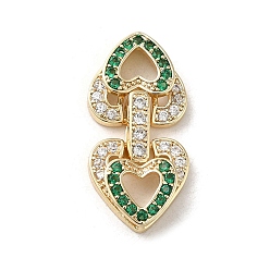 Green Brass Micro Pave Cubic Zirconia Fold Over Clasps, Heart, Real 18K Gold Plated, Green, 29x14x4.5mm