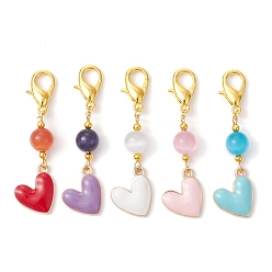 Mixed Color Alloy Enamel Heart Pendants Decorations, Cat Eye Beads and Lobster Claw Clasps Charm, Mixed Color, 51mm