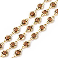 Real 18K Gold Plated Faceted K9 Glass Handmade Beaded Chains, Soldered, with Eco-Friendly Brass Findings, Cadmium Free & Lead Free, Flat Round, Misty Rose, Real 18K Gold Plated, 12x7x3mm