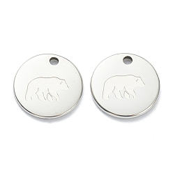 Stainless Steel Color 304 Stainless Steel Charms, Flat Round with Bear, Stainless Steel Color, 11.5x1mm, Hole: 1.5mm
