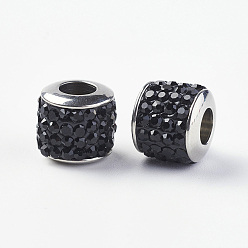 Jet 304 Stainless Steel European Beads, with Grade A Rhinestone, Large Hole Beads, Barrel, Jet, 10x9.5mm, Hole: 5mm