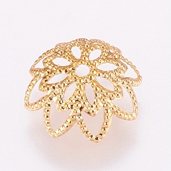 Real 18K Gold Plated Brass Fancy Bead Caps, Long-Lasting Plated, Hollow, Flower, Multi-Petal, Real 24K Gold Plated, 10x3.5mm, Hole: 1mm