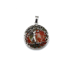 Unakite Natural Unakite Pendants, Tree of Life Charms with Platinum Plated Alloy Findings, 31x27mm