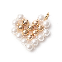 Blanco Colgantes de cuentas de perlas de concha, con cuentas de latón chapado en oro de 18 k, encantos del corazón, blanco, 21x22x4 mm, agujero: 3.7 mm