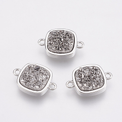 Silver Plated Natural Druzy Agate Links connectors, with Brass Findings, Square, Platinum, Silver Plated, 16x11x3.5~4mm, Hole: 1mm