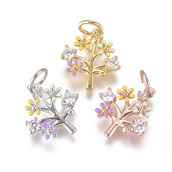 Mixed Color Brass Charms, with Micro Pave Cubic Zirconia, Enamel and Jump Rings, Flower, Colorful, Mixed Color, 13x12x2.5mm, Hole: 3.5mm