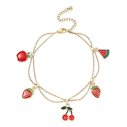 Cherry Alloy Enamel Fruit Charm Anklet, with Ion Plating(IP) Light Gold 304 Stainless Steel Cable Chains, Cherry, 8-1/8 inch(20.5cm)