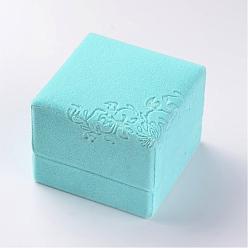 Pale Turquoise Square Velvet Ring Boxes, Flower Pattern, Jewelry Gift Boxes, Pale Turquoise, 6x6x5cm