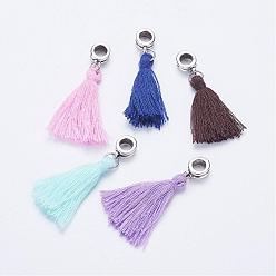 Mixed Color Tibetan Style Alloy European Dangle Charms, with Cotton Thread Tassels, Mixed Color, 42mm, Hole: 5mm