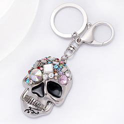 Silver Alloy Enamel Pendant Keychain, with Rhinestone and Alloy Findings, Skull, Silver, 12cm, Pendant: 55x40mm