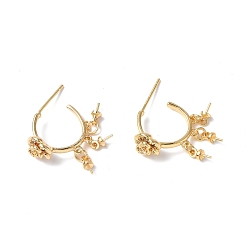 Real 18K Gold Plated Brass Clear Cubic Zirconia Stud Earring Findings, with Three Cup Peg Bails and 925 Sterling Silver Pins, Half Ring with Flower, Real 18K Gold Plated, 25x8mm, Pin: 0.8mm