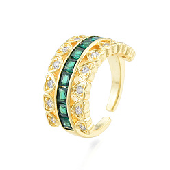 Зеленый Открытое кольцо-манжета в форме сердца из кубического циркония, настоящие позолоченные украшения из латуни для женщин, без никеля , зелёные, размер США 18 7 (1/2 мм)