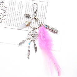 Rose Foncé Porte-clés pendentif en alliage et verre, avec l'anneau de la clé de fer, gland de plumes, filet/toile tissé avec plume et balle et main hamsa, rose foncé, 10 cm
