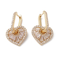 Clear Heart Cubic Zirconia Hoop Earrings, Real 16K Gold Plated Brass Dangle Earrings for Women, Clear, 26mm, Pin: 0.7mm