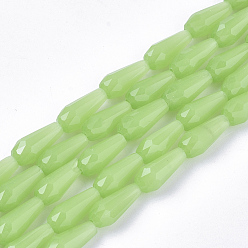 Pale Green Glass Beads Strands, Imitation Jade, Faceted, Teardrop, Pale Green, 9~10x4mm, Hole: 1mm, about 72pcs/Strand, 26.38~27.17 inch(67~69cm)