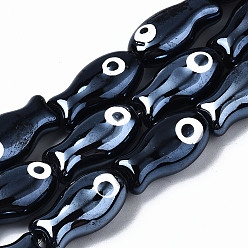 Noir Brins de perles en céramique de porcelaine faites à la main, porcelaine émaillée lumineux, poisson, noir, 19x10x8mm, Trou: 1.5mm, Environ 17 pcs/chapelet, 12.40 pouce (31.5 cm)