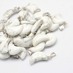 Howlite Moon Natural Howlite Pendants, with Platinum Tone Brass Findings, 21~24x12~14x5~6mm, Hole: 2x7mm