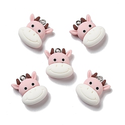 Pink Opaque Resin Pendants, with Platinum Tone Iron Loops, Cow, Pink, 21x18x8.5mm, Hole: 2mm