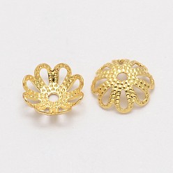 Real 18K Gold Plated Multi-Petal Flower Brass Fancy Bead Caps, Cadmium Free & Nickel Free & Lead Free, Real 18K Gold Plated, 7x2mm, Hole: 1mm