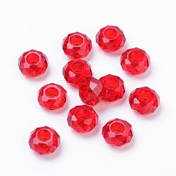 Red Glass European Beads, Large Hole Beads, No Metal Core, Rondelle, Red, 14x8mm, Hole: 5mm