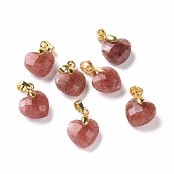 Strawberry Quartz Natural Strawberry Quartz Pendants, with Golden Tone Brass Clasp, Faceted Heart Charms, 11x12x5mm, Hole: 4.5x3.5mm