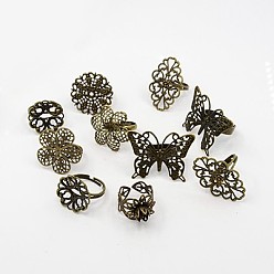 Antique Bronze Adjustable Brass Filigree Ring Components, Mixed Style, Antique Bronze, 17~18mm