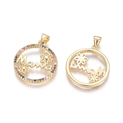 Golden Brass Micro Pave Cubic Zirconia Pendants, Ring with Flower and Word MaMa, For Mother's Day, Colorful, Golden, 23.5x20.5x2.5mm, Hole: 3.5x4.5mm