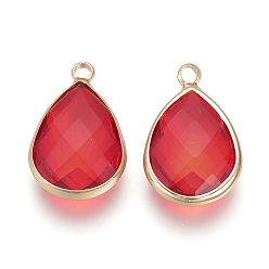 Red Glass Pendants, with Brass Findings, Faceted, Drop, Light Gold, Red, 22x13.5x6mm, Hole: 1.8~2.3mm