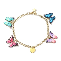 Colorful Enamel Butterfly & Alloy Heart Charm Bracelet with Ion Plating(IP) 304 Stainless Steel Chains, Colorful, 7-5/8 inch(19.4cm)