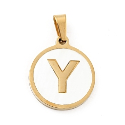 Letter Y Vacuum Plating 304 Stainless Steel with White Shell Pendants, Golden, Flat Round with Letter Charm, Letter.Y, 18x16x1.5mm, Hole: 3x6mm