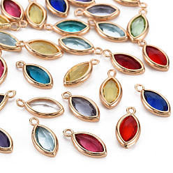 Mixed Color Glass Charms, with Light Gold Tone Brass Findings, Long-Lasting Plated, Faceted, Horse Eye, Mixed Color, 14x6.5x2.5mm, Hole: 1.2mm
